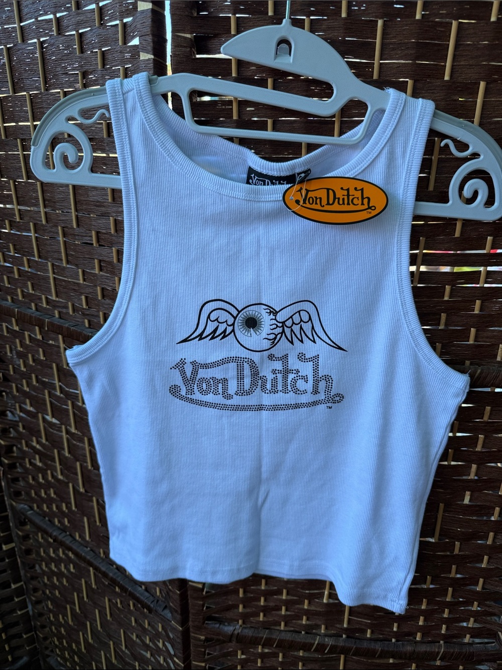 Von Dutch White Ribbed Crop Tank with Black Logo Graphic